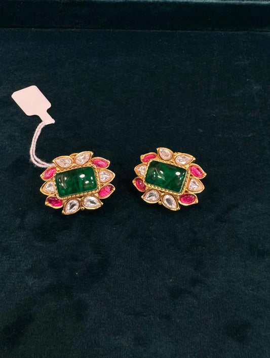 Kundan Emerald & Ruby Stud Earrings – Traditional Indian Jewelry. Reyshaa