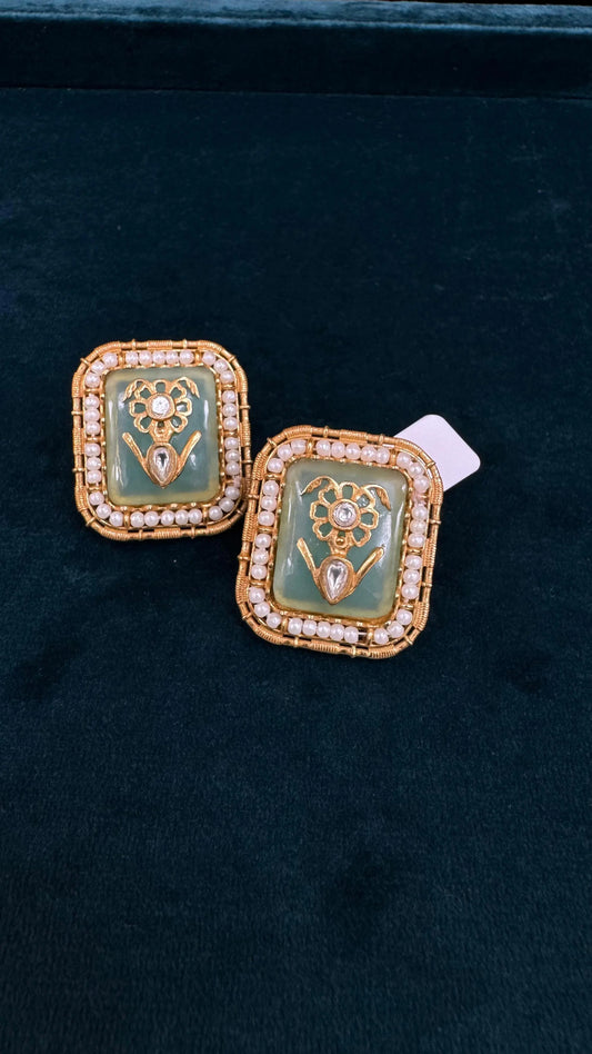 Teal Stud Earrings with Patra Work, Stone Base & Moti Detailing Reyshaa