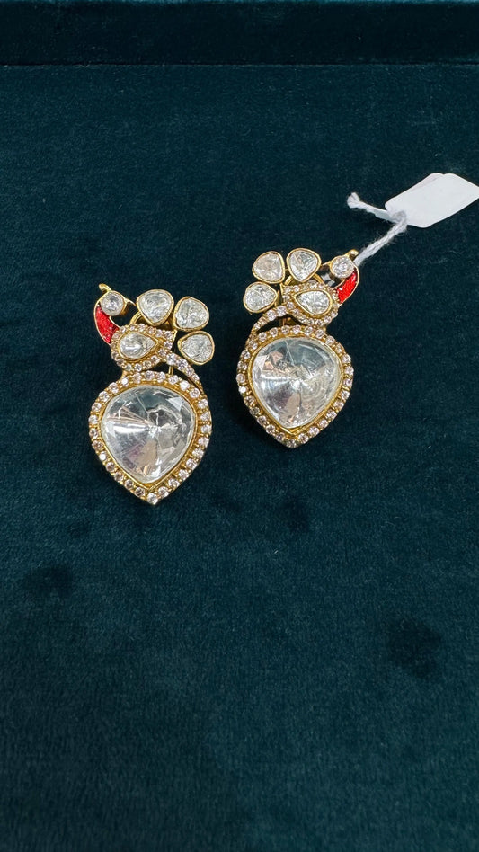 Peacock Polki Earrings with Kundan, AD Stones & Red Enamel Detailing Reyshaa