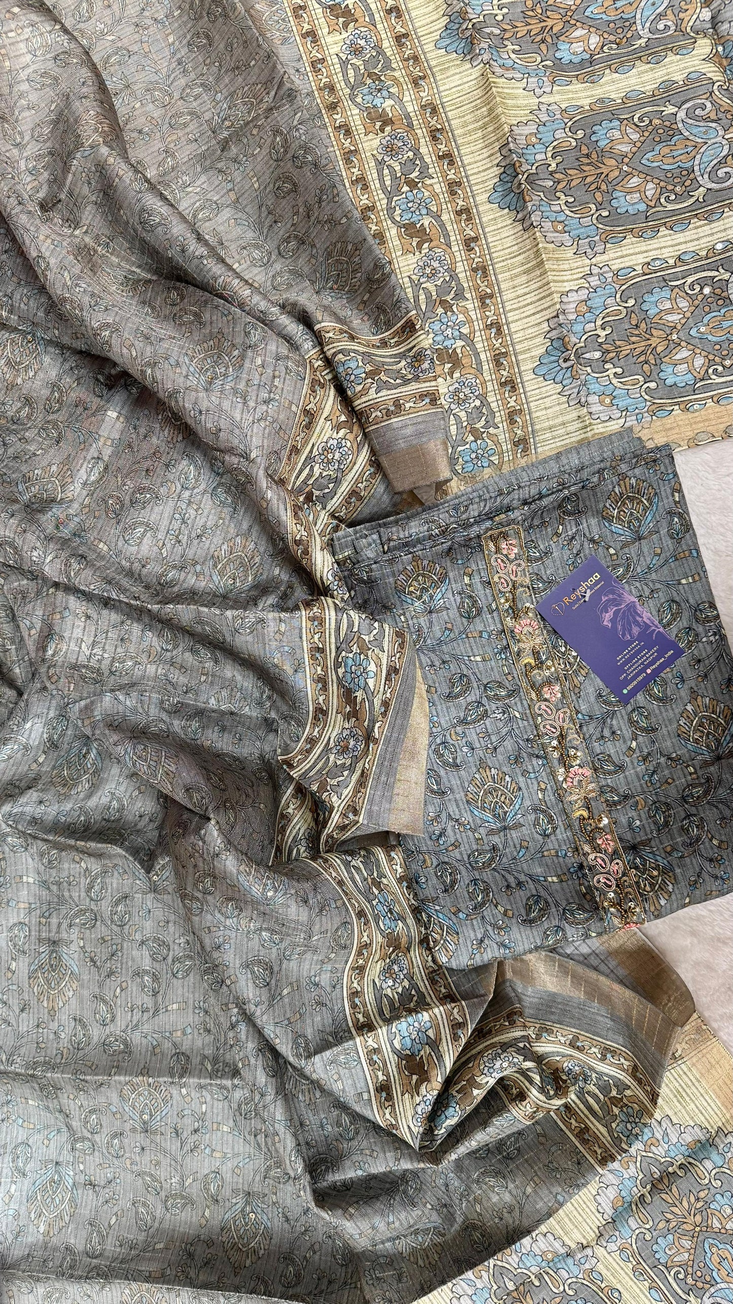 Tussar Silk Kalamkari Print Fabric with Sequins Embroidery – 4 Colors Reyshaa