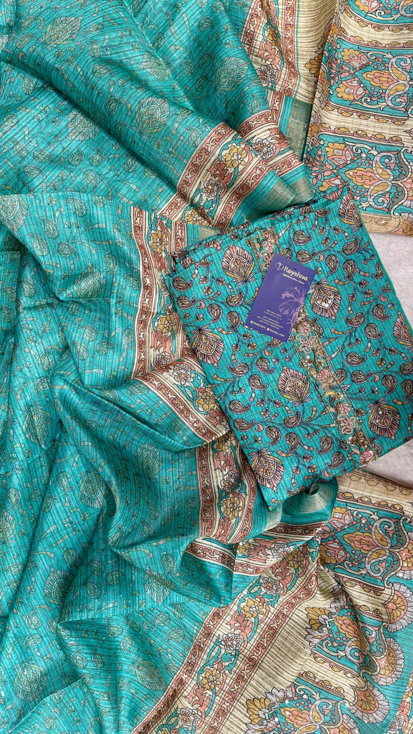 Tussar Silk Kalamkari Print Fabric with Sequins Embroidery – 4 Colors Reyshaa