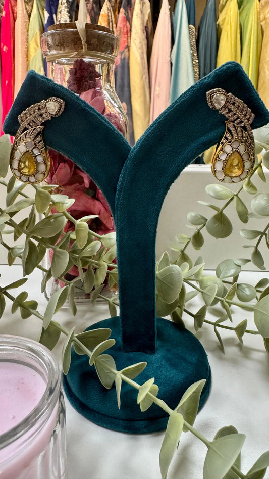 Morpankhi Kundan Earrings with Yellow Stone & AD Accents Reyshaa