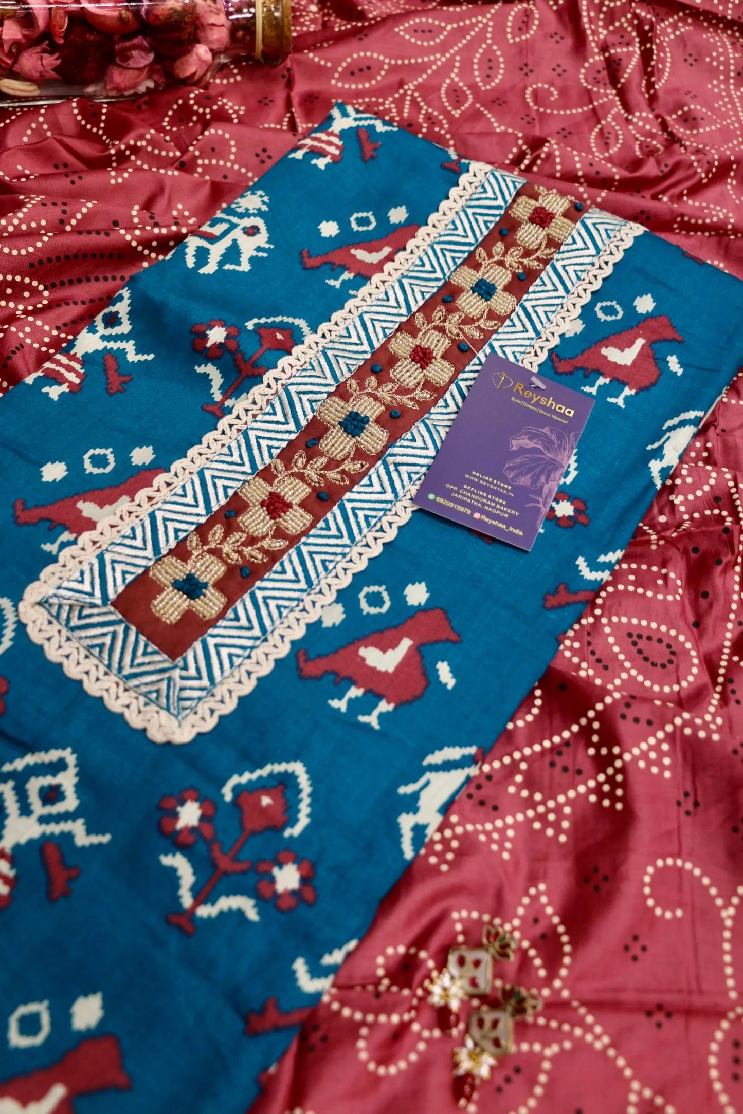 Worli Print Jaam Cotton Hand-Embroidered Suit Set with Bandhani Dupatta Reyshaa