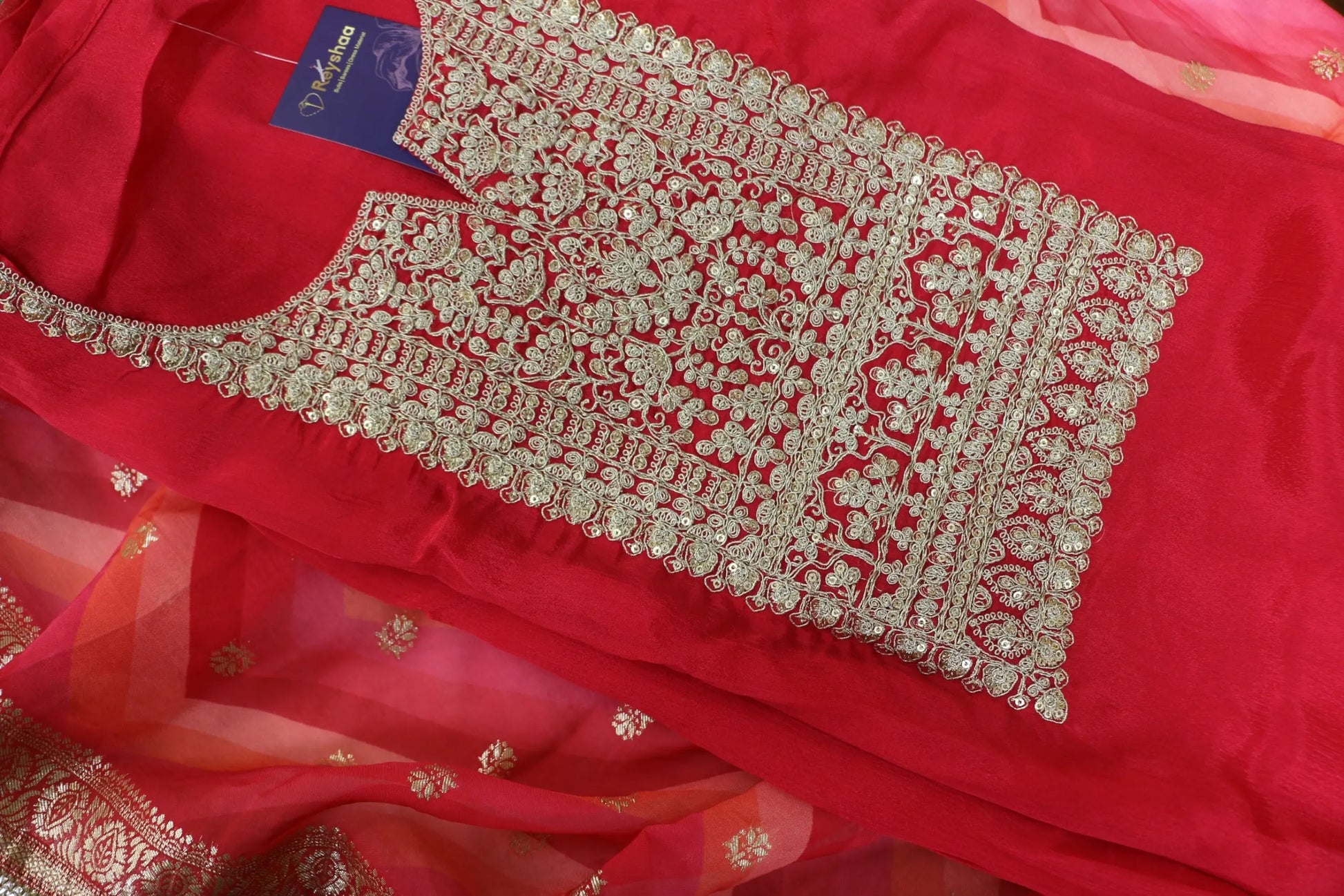 Elegant Chinon Suit Set with Jhallar Lace Dupatta Reyshaa