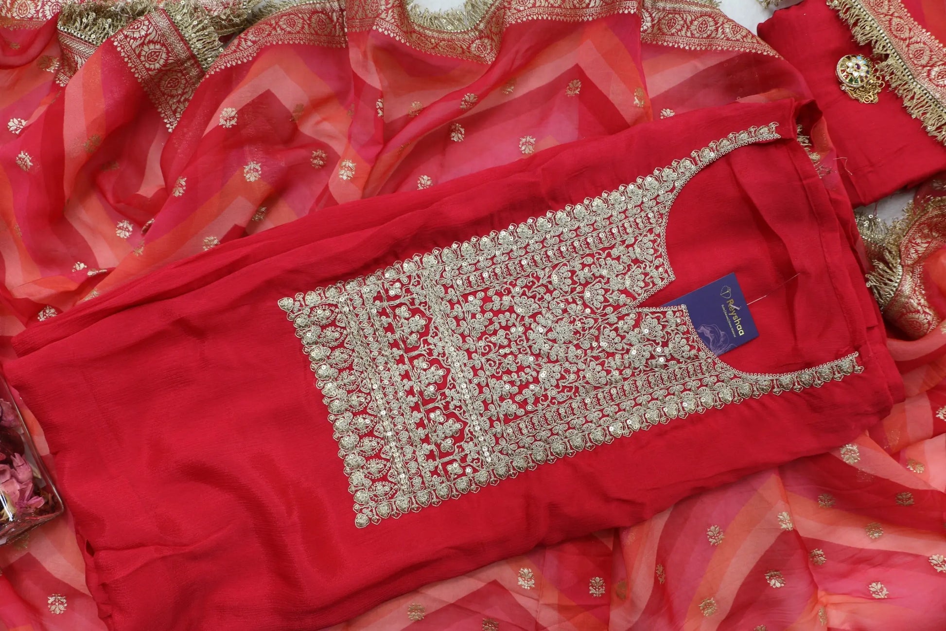 Elegant Chinon Suit Set with Jhallar Lace Dupatta Reyshaa