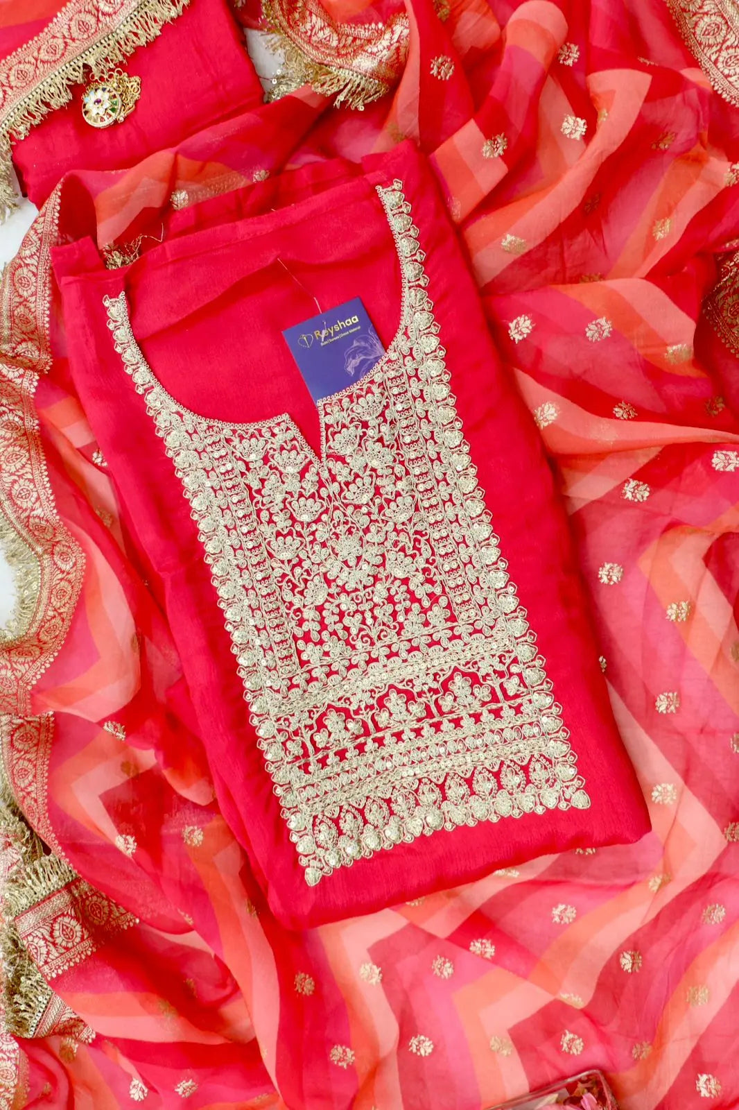 Elegant Chinon Suit Set with Jhallar Lace Dupatta Reyshaa