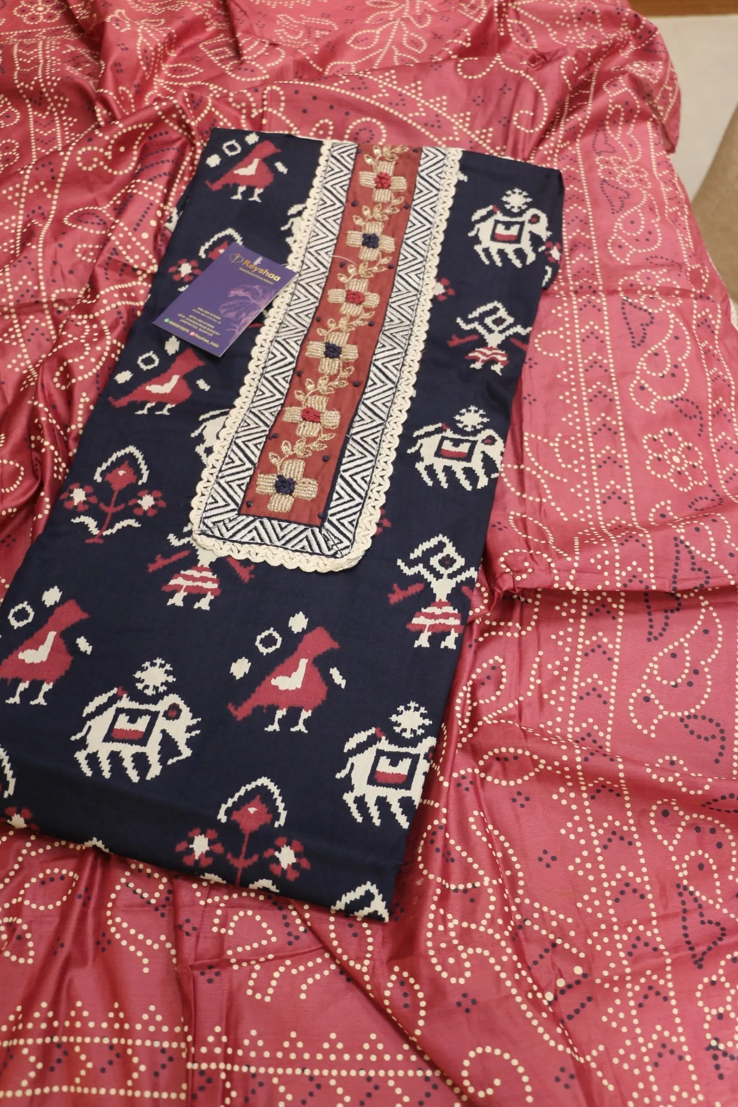 Worli Print Jaam Cotton Hand-Embroidered Suit Set with Bandhani Dupatta Reyshaa