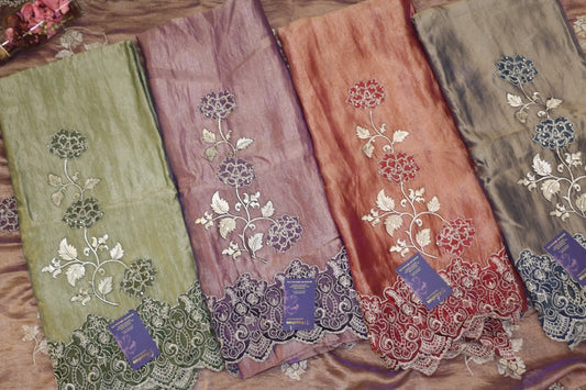 Luxury Silk Blend Embroidered Dress Material with Lace Detailing – Unstitched Salwar Kameez Reyshaa