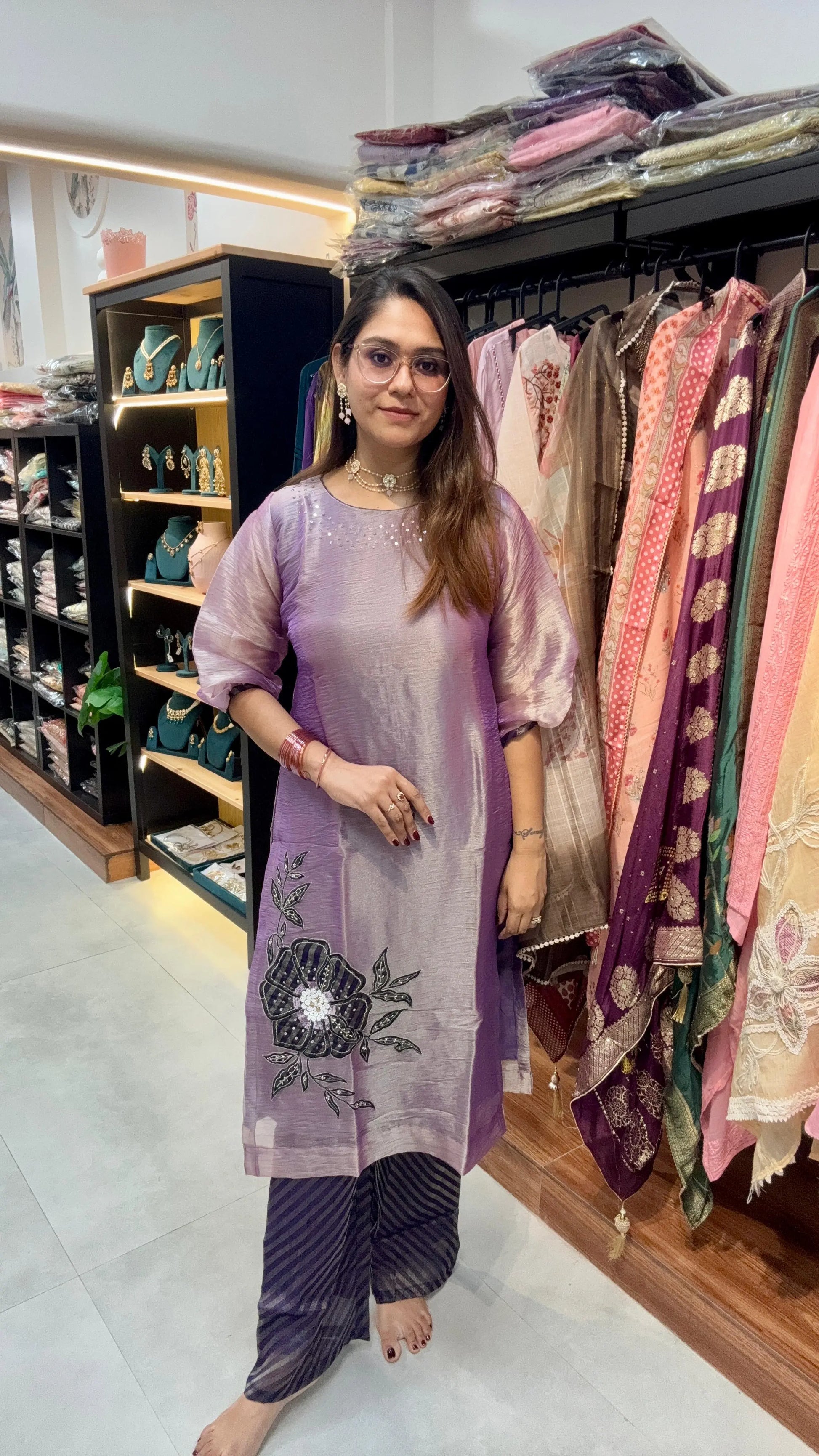 Elegant Shimmer Tissue Silk Readymade Suit Set Reyshaa