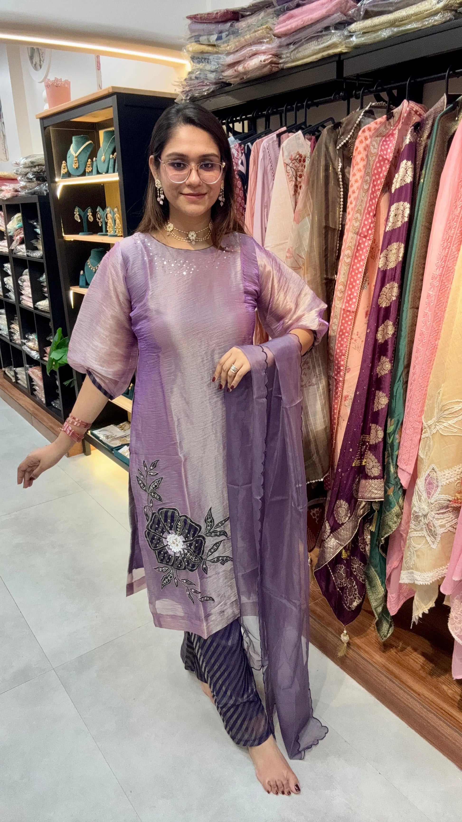Elegant Shimmer Tissue Silk Readymade Suit Set Reyshaa