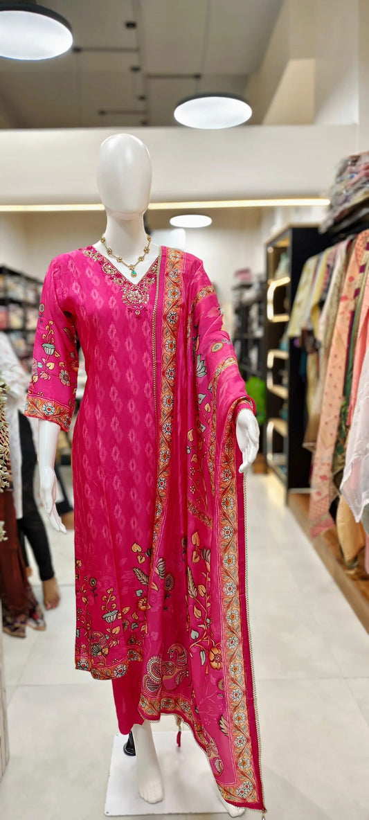Elegant Russian Silk Kalamkari Print Readymade Suit Set Reyshaa
