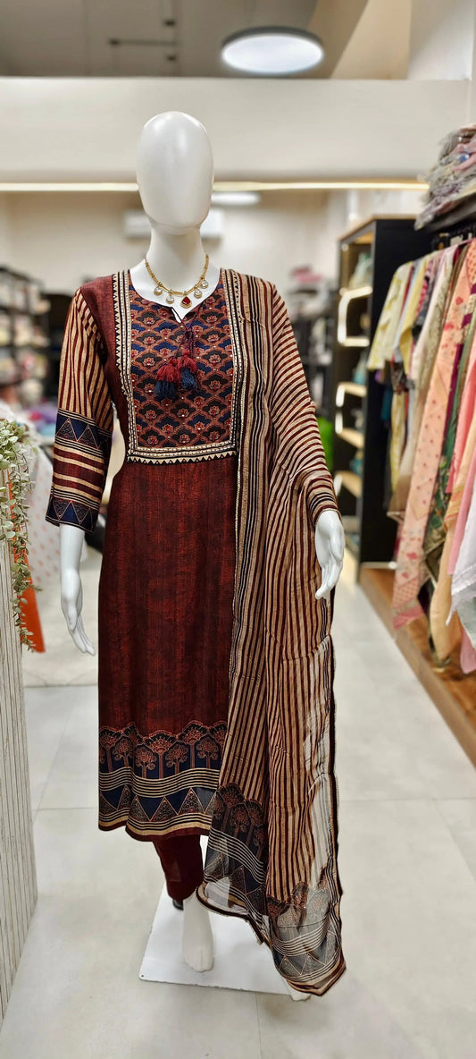 Elegant Ajrakh Print Readymade Suit Set with Dupatta Reyshaa