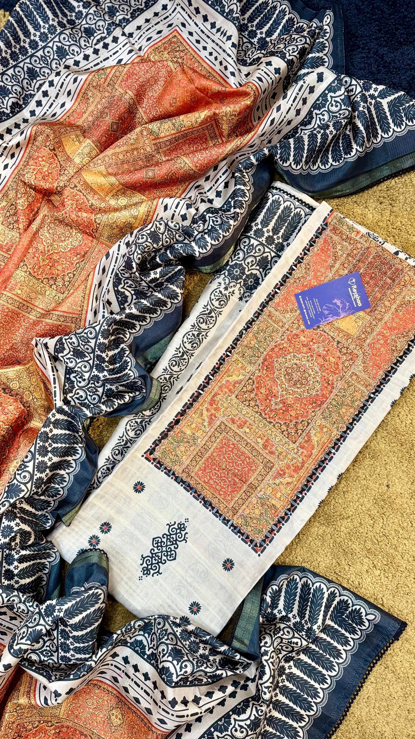 Elegant Tussar Silk Unstitched Suit Set with Intricate Detailing Reyshaa