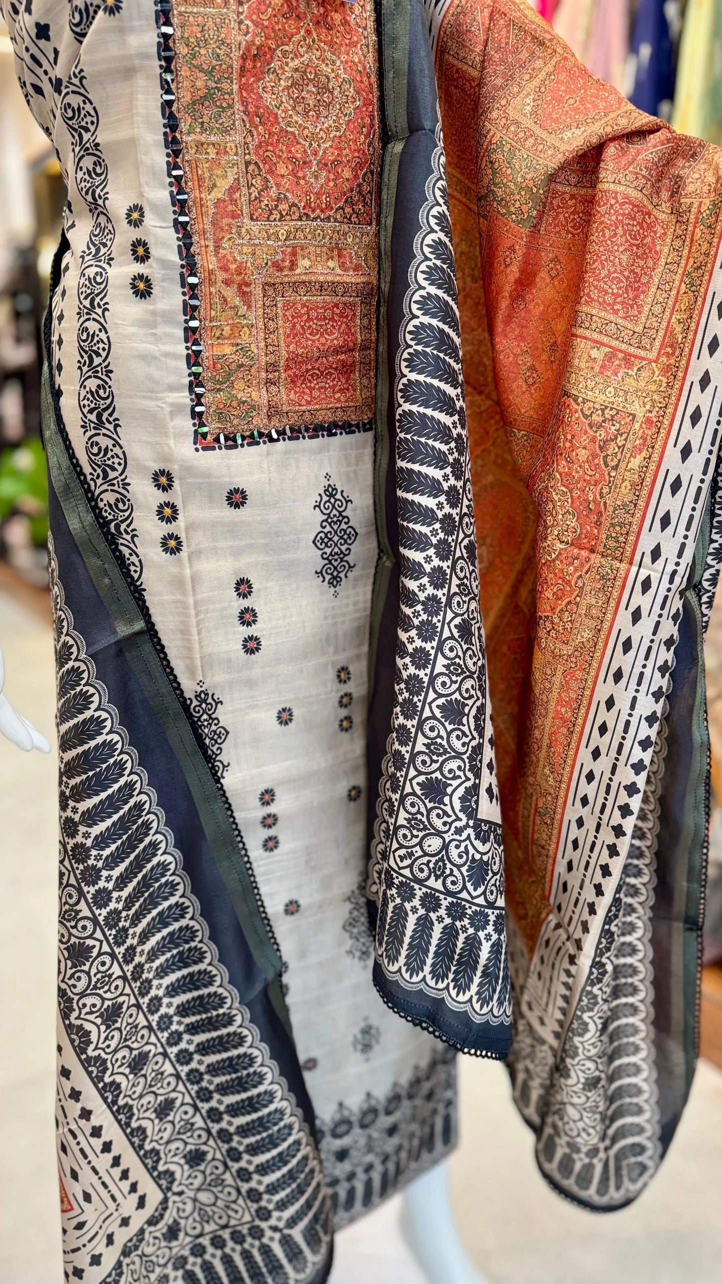 Elegant Tussar Silk Unstitched Suit Set with Intricate Detailing Reyshaa