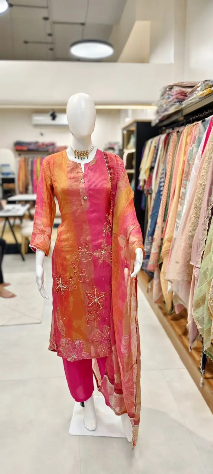 Elegant Organza Silk Readymade Set with Cutdana Embroidery & Striped Design Reyshaa