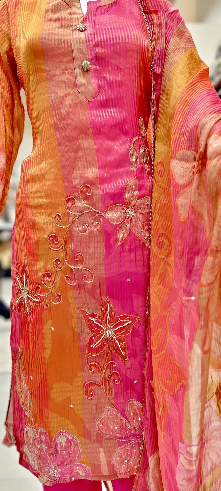 Elegant Organza Silk Readymade Set with Cutdana Embroidery & Striped Design Reyshaa