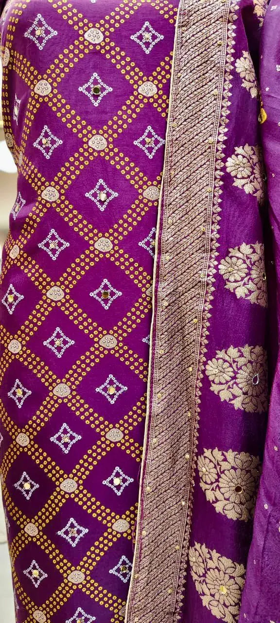 Banarasi Bandhej Garchola Dress Material – Traditional Weave with Rich Detailing Reyshaa
