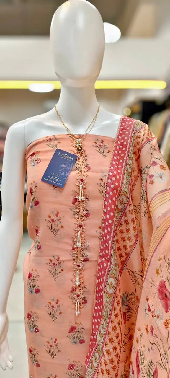 Linen Cotton Floral Print Dress Material with Pearl Embellishments Reyshaa