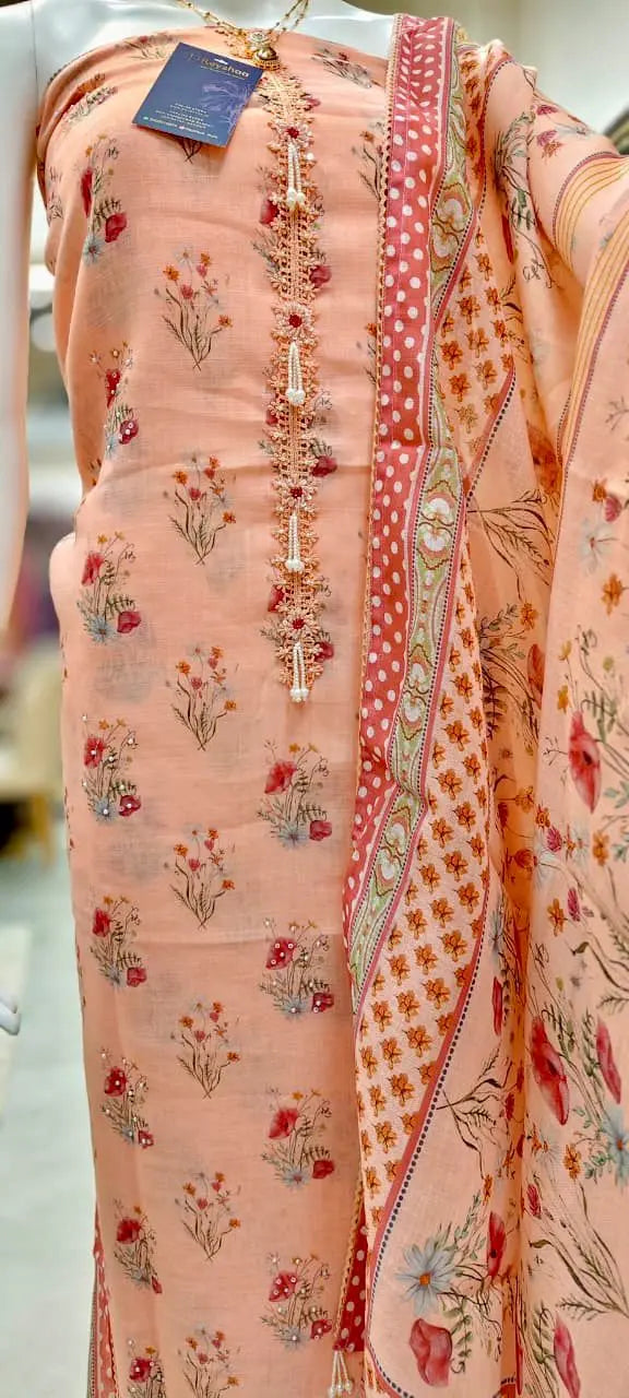 Linen Cotton Floral Print Dress Material with Pearl Embellishments Reyshaa
