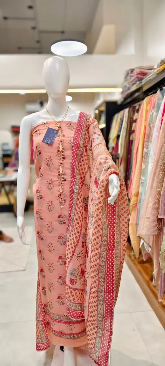 Linen Cotton Floral Print Dress Material with Pearl Embellishments Reyshaa