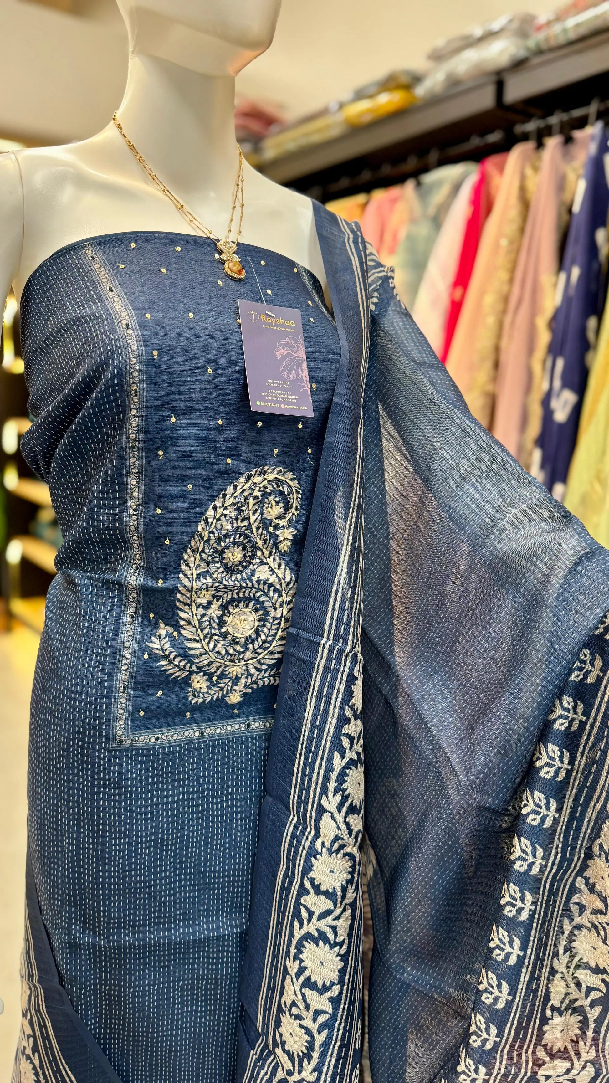 Elegant Jute Cotton Block Print Dress Material Suit Set Reyshaa