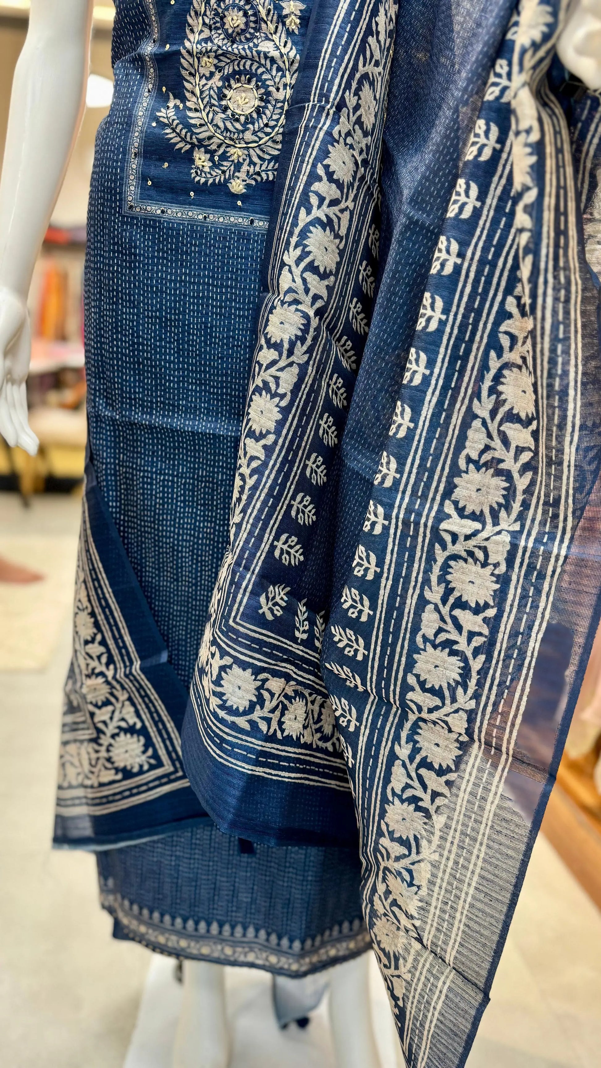 Elegant Jute Cotton Block Print Dress Material Suit Set Reyshaa