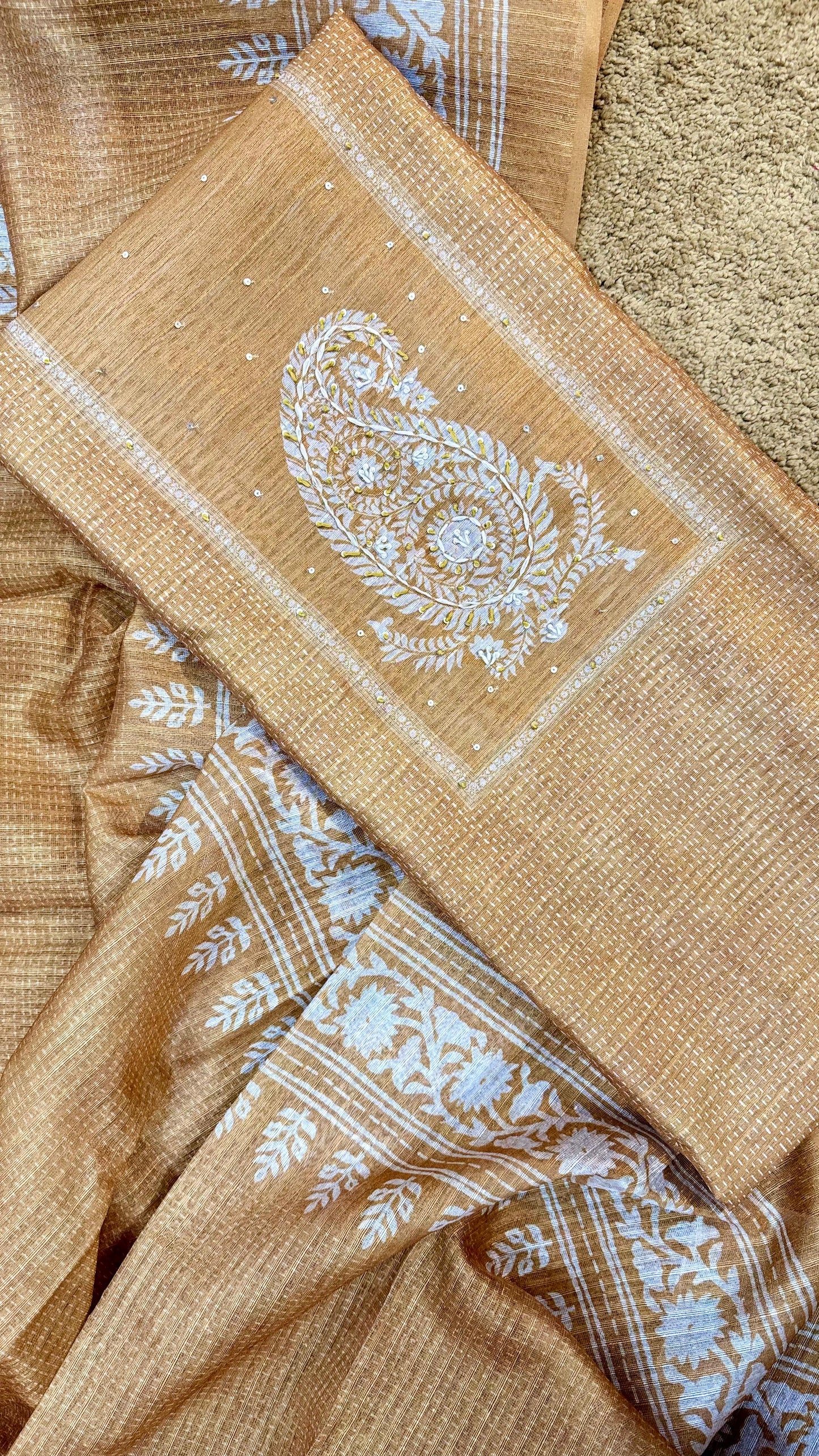Elegant Jute Cotton Block Print Dress Material Suit Set Reyshaa