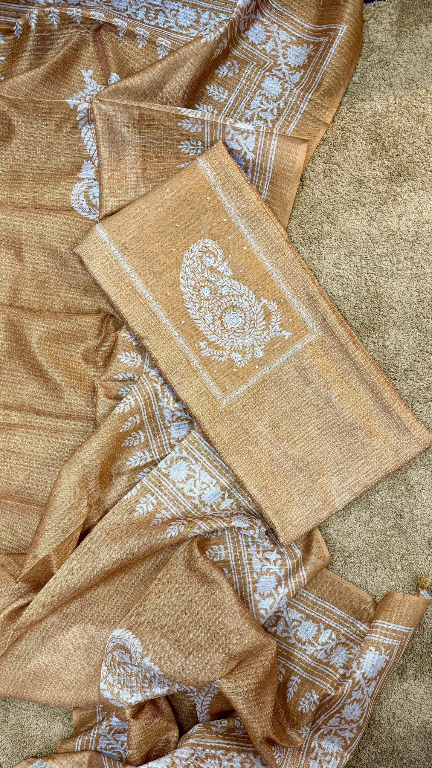 Elegant Jute Cotton Block Print Dress Material Suit Set Reyshaa