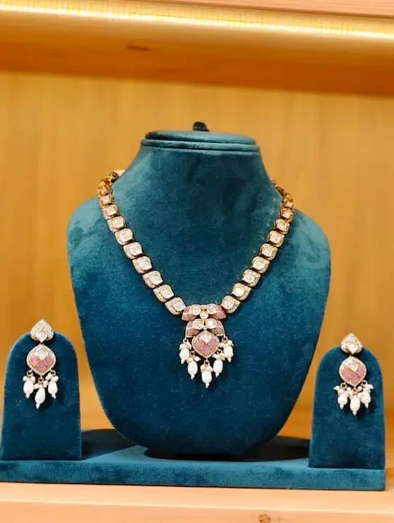 Elegant Kundan Pearl Necklace Set with Earrings Reyshaa