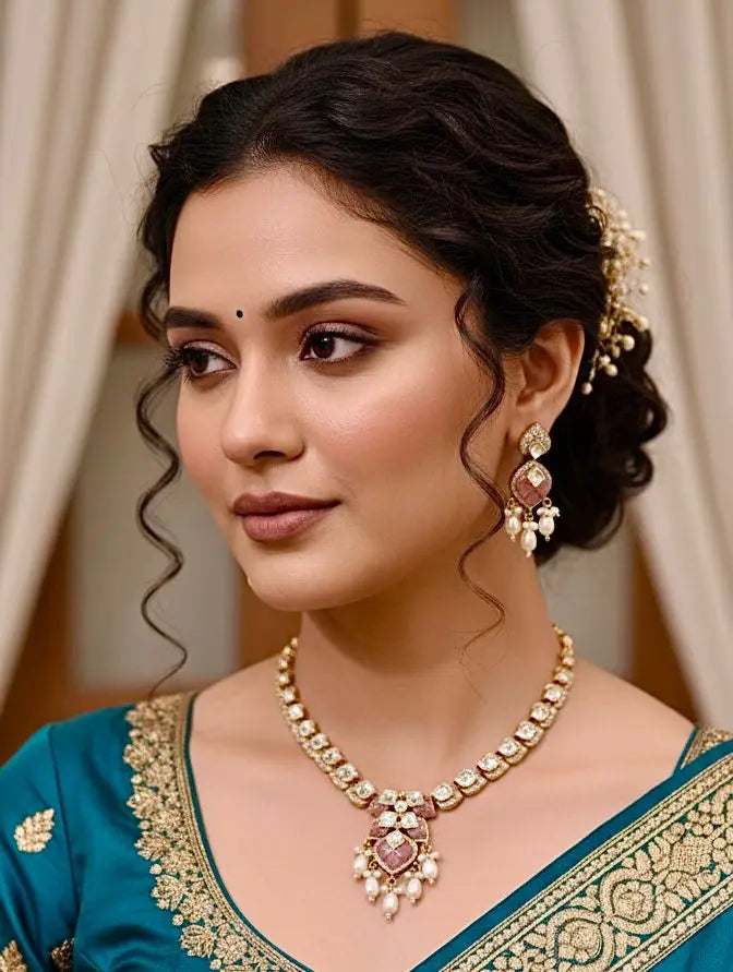 Elegant Kundan Pearl Necklace Set with Earrings Reyshaa
