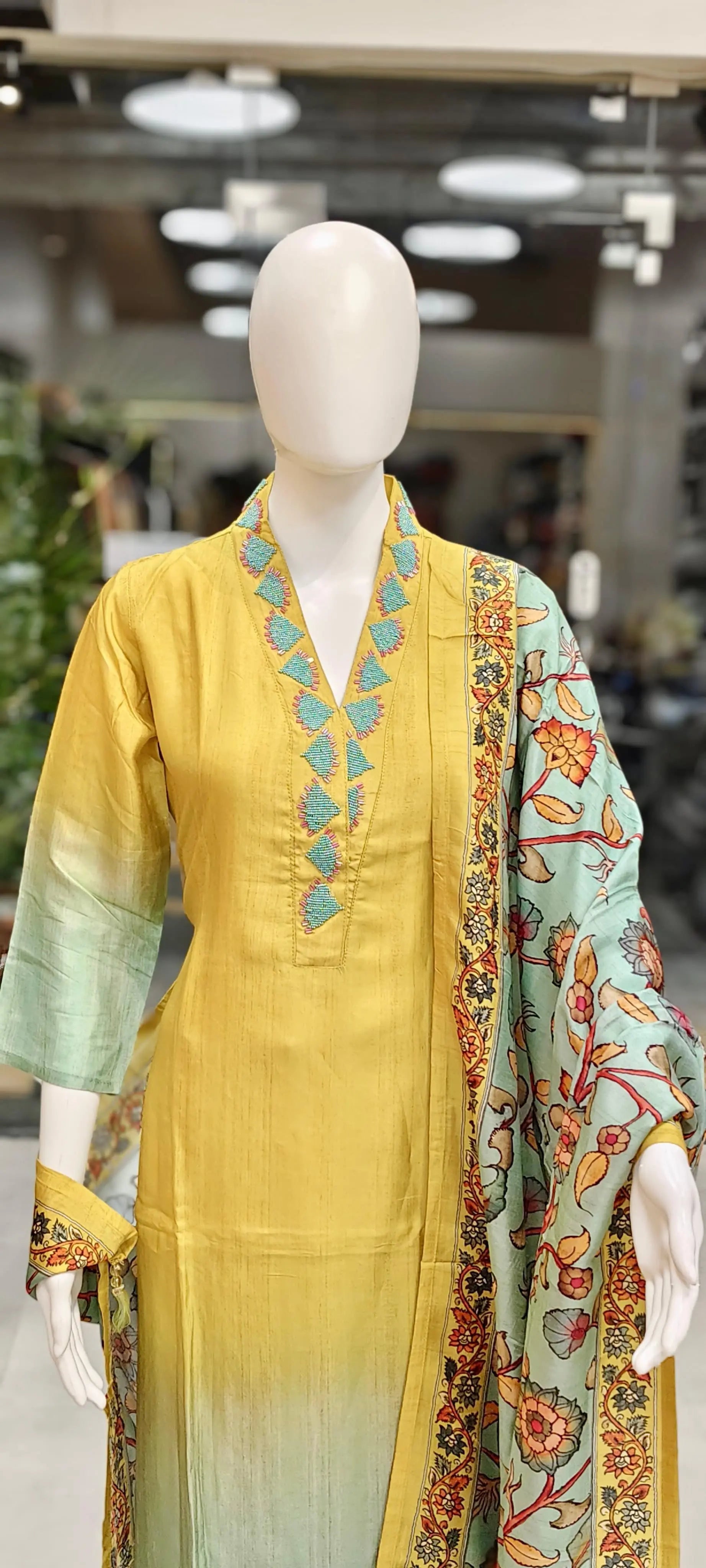 Silk Ombré Cut Dana Work Readymade Suit with Kalamkari Dupatta Reyshaa