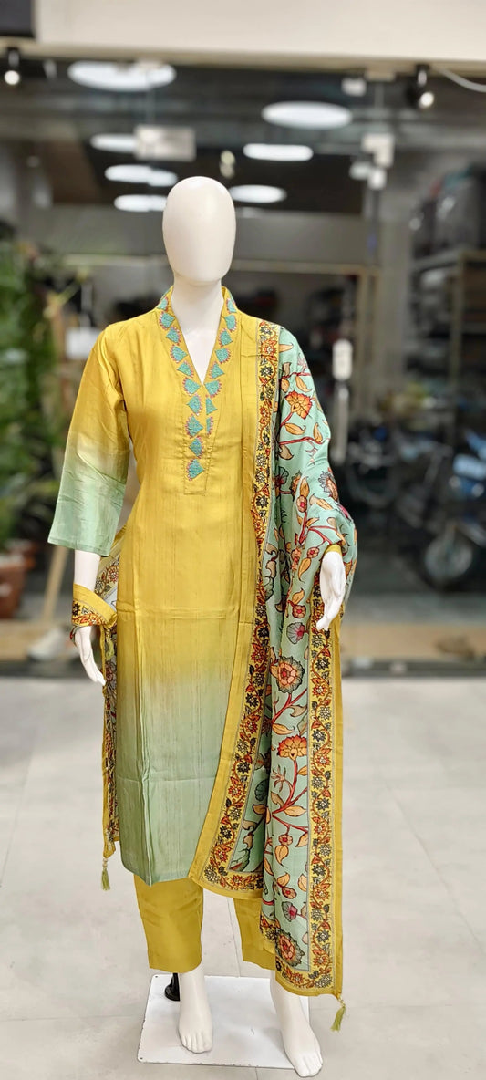 Silk Ombré Cut Dana Work Readymade Suit with Kalamkari Dupatta Reyshaa