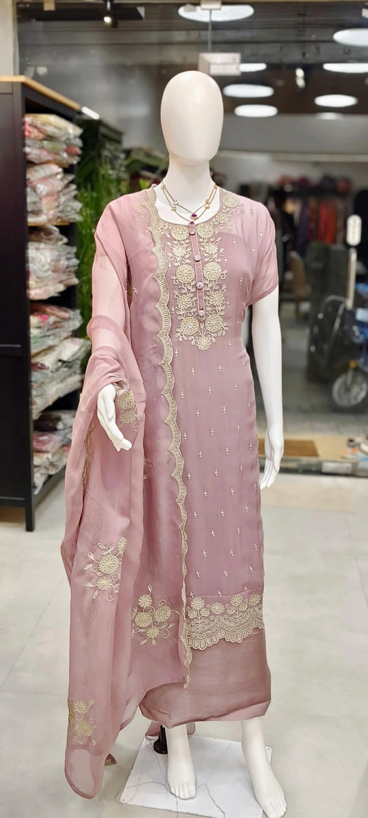 Aari Embroidered Organza Dress Material Set Reyshaa