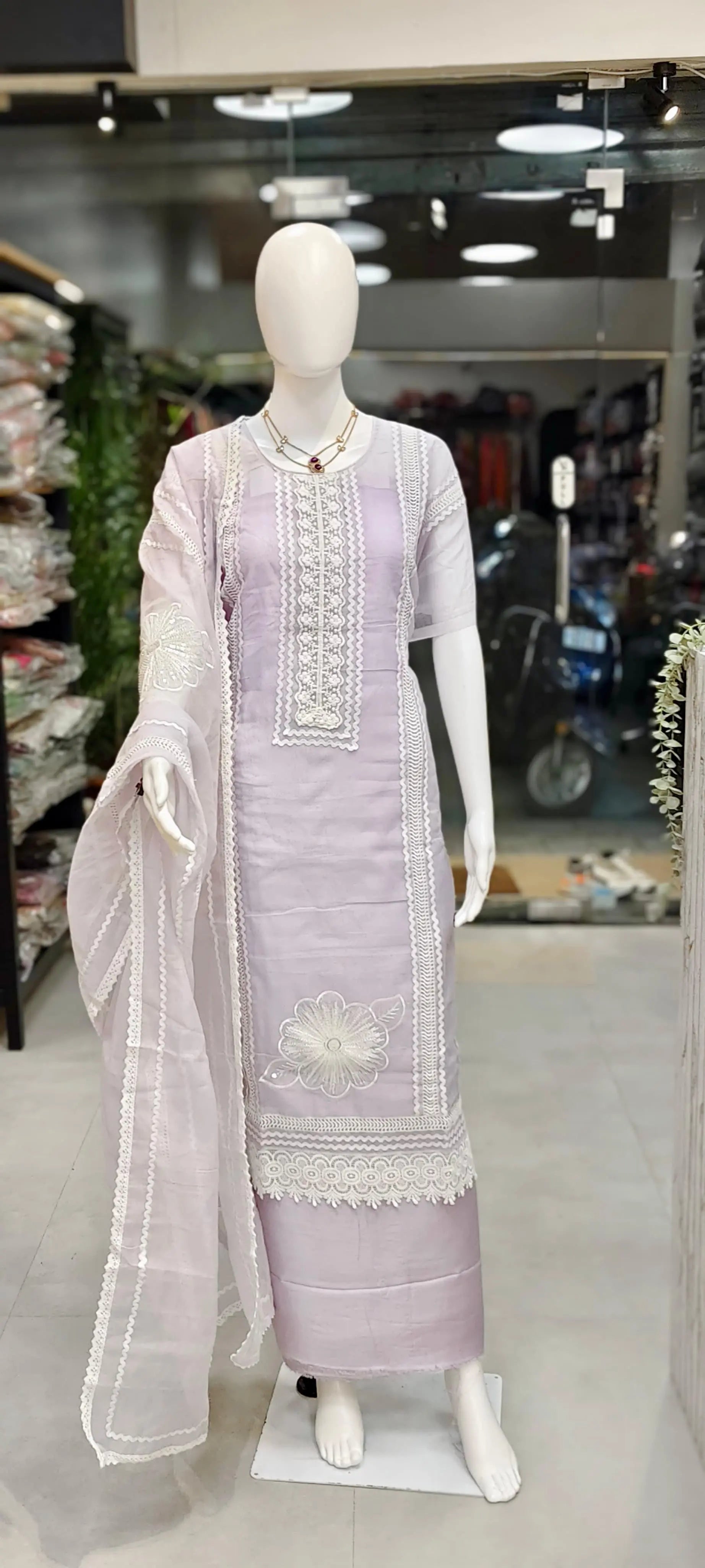 Kota Doria Lace Embroidered Dress Material with Pearl & Cutdana Handwork Reyshaa