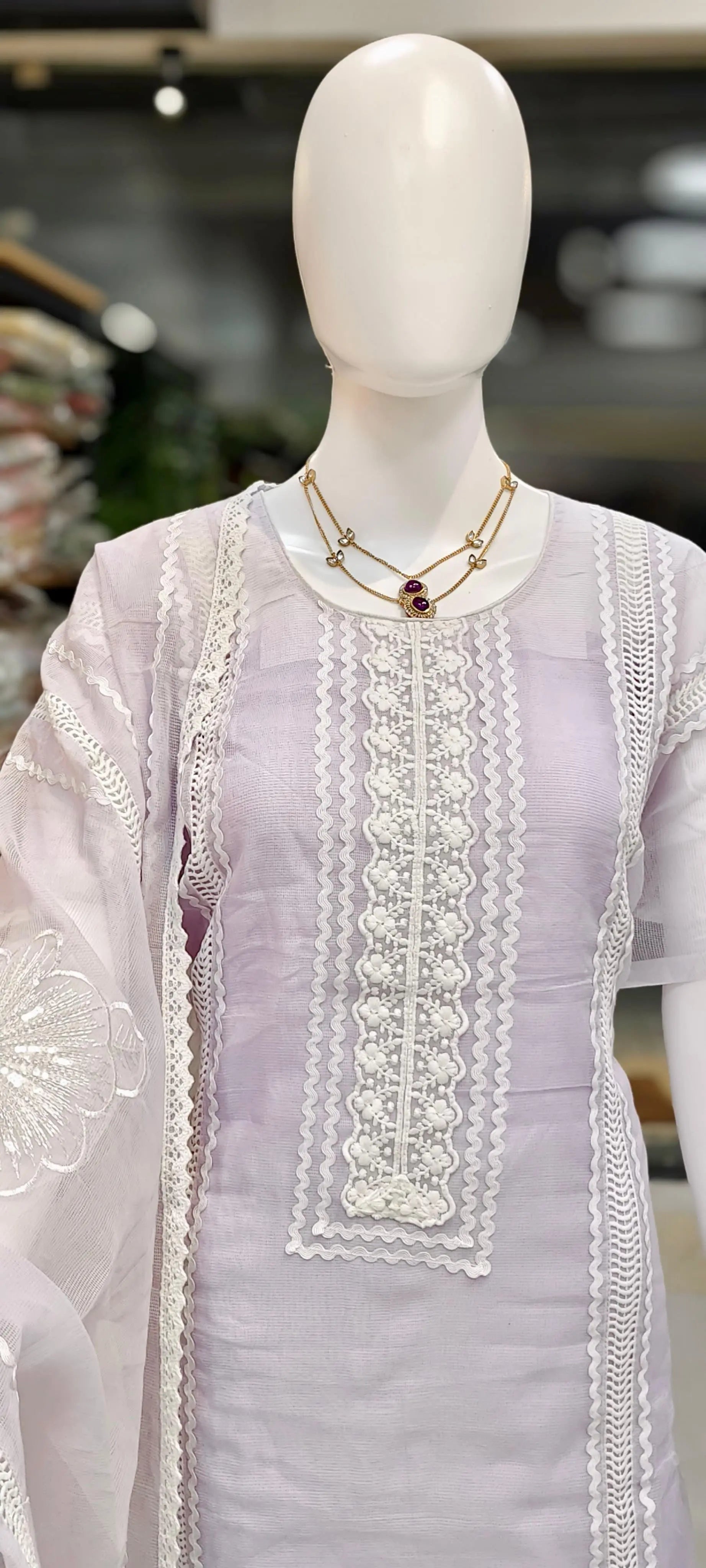 Kota Doria Lace Embroidered Dress Material with Pearl & Cutdana Handwork Reyshaa