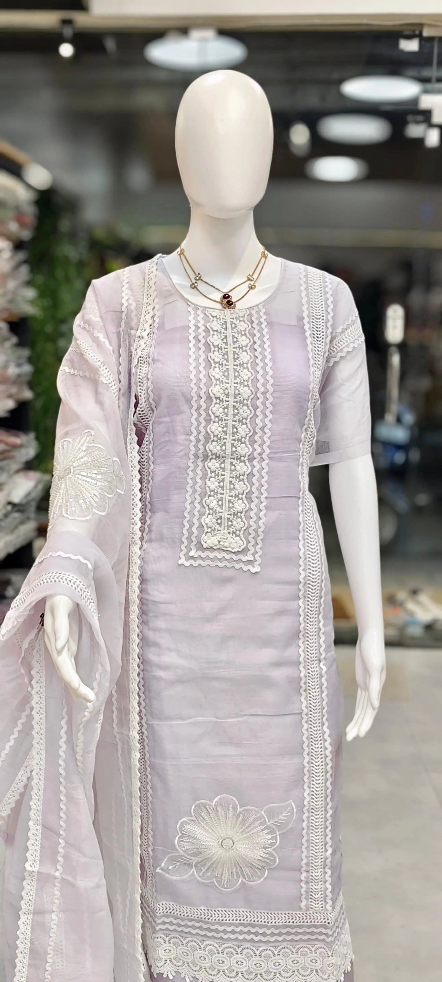 Kota Doria Lace Embroidered Dress Material with Pearl & Cutdana Handwork Reyshaa
