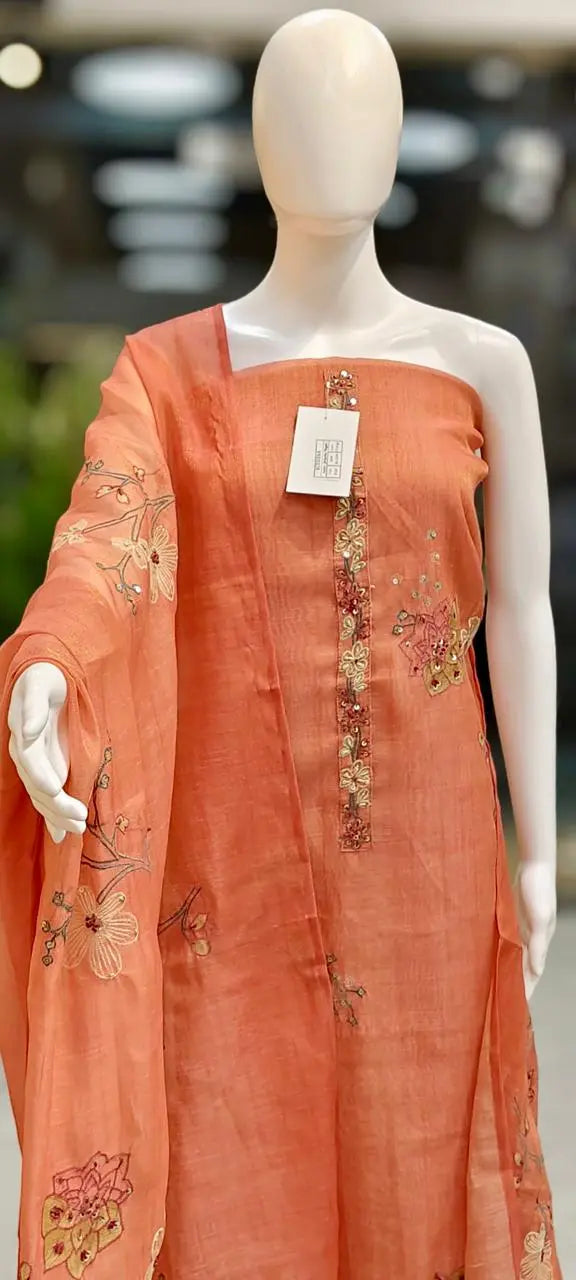 Kota Silk French Knots Embroidered & Sequins Embellished Dress Material Reyshaa