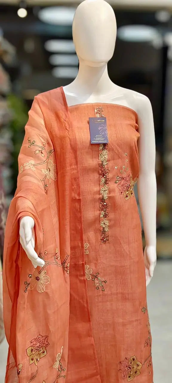 Kota Silk French Knots Embroidered & Sequins Embellished Dress Material Reyshaa