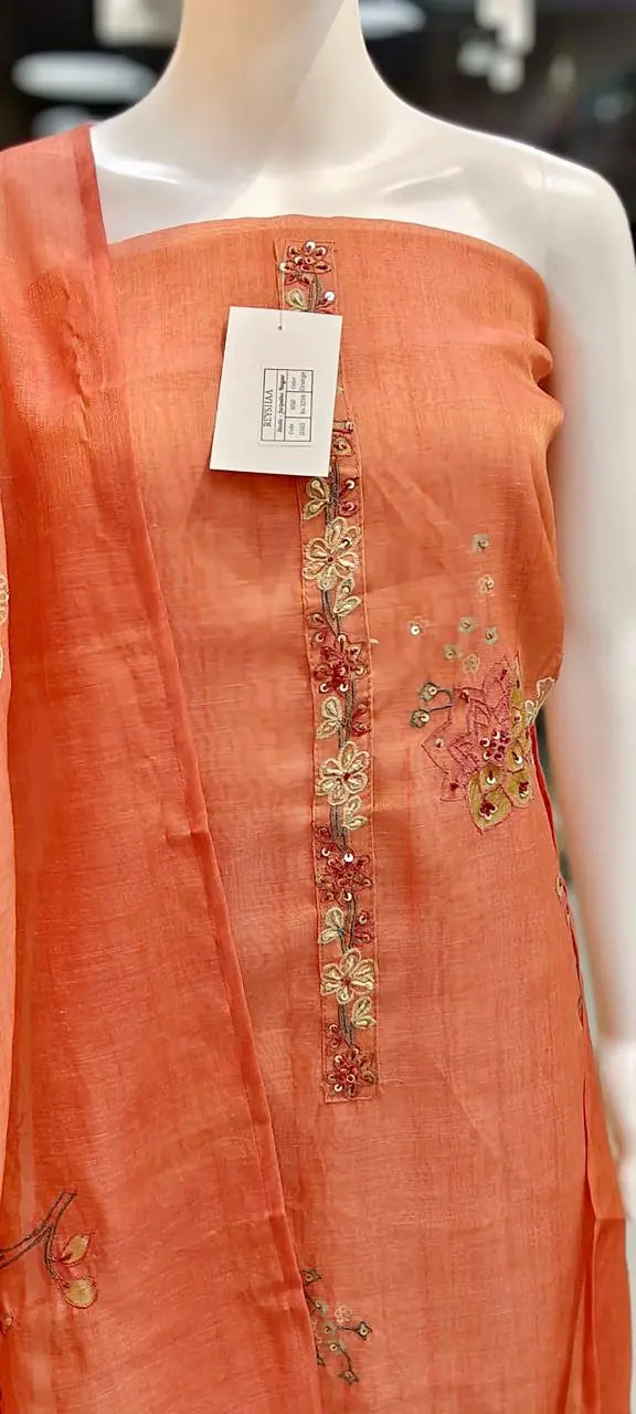 Kota Silk French Knots Embroidered & Sequins Embellished Dress Material Reyshaa