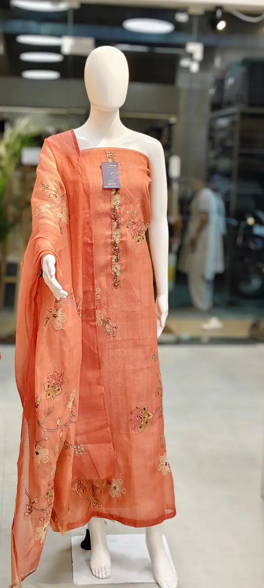 Kota Silk French Knots Embroidered & Sequins Embellished Dress Material Reyshaa