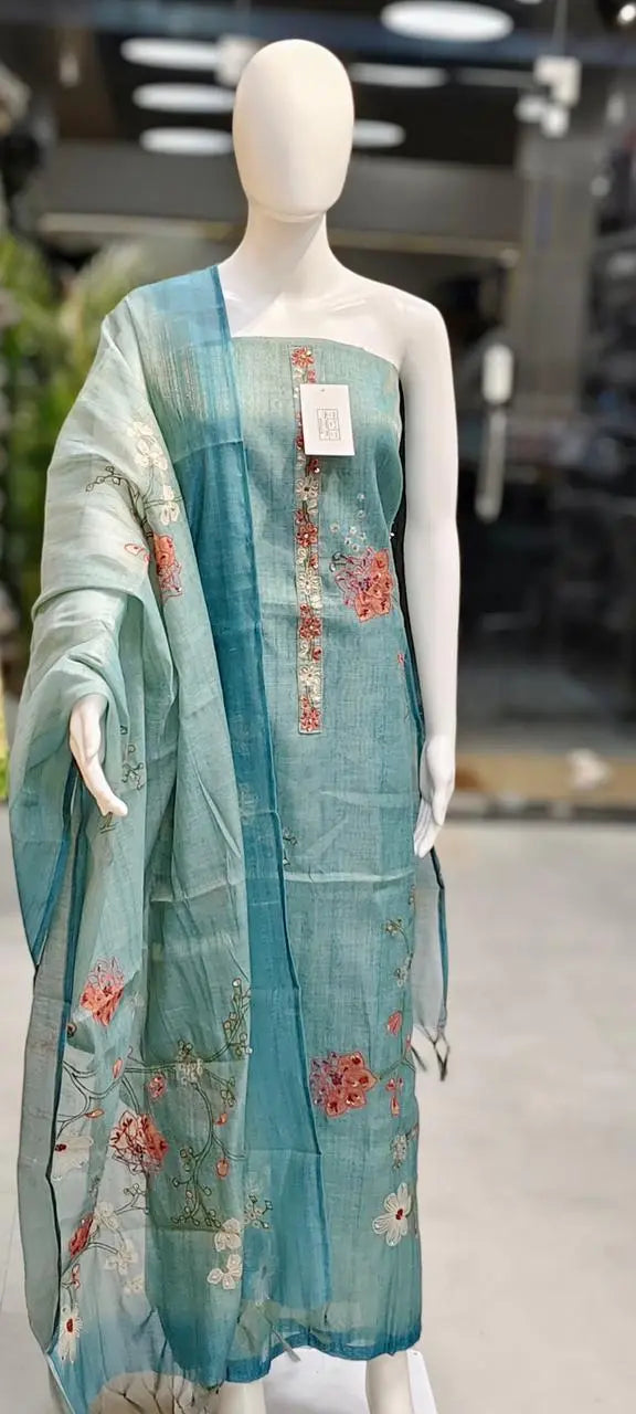 Kota Silk French Knots Embroidered & Sequins Embellished Dress Material Reyshaa