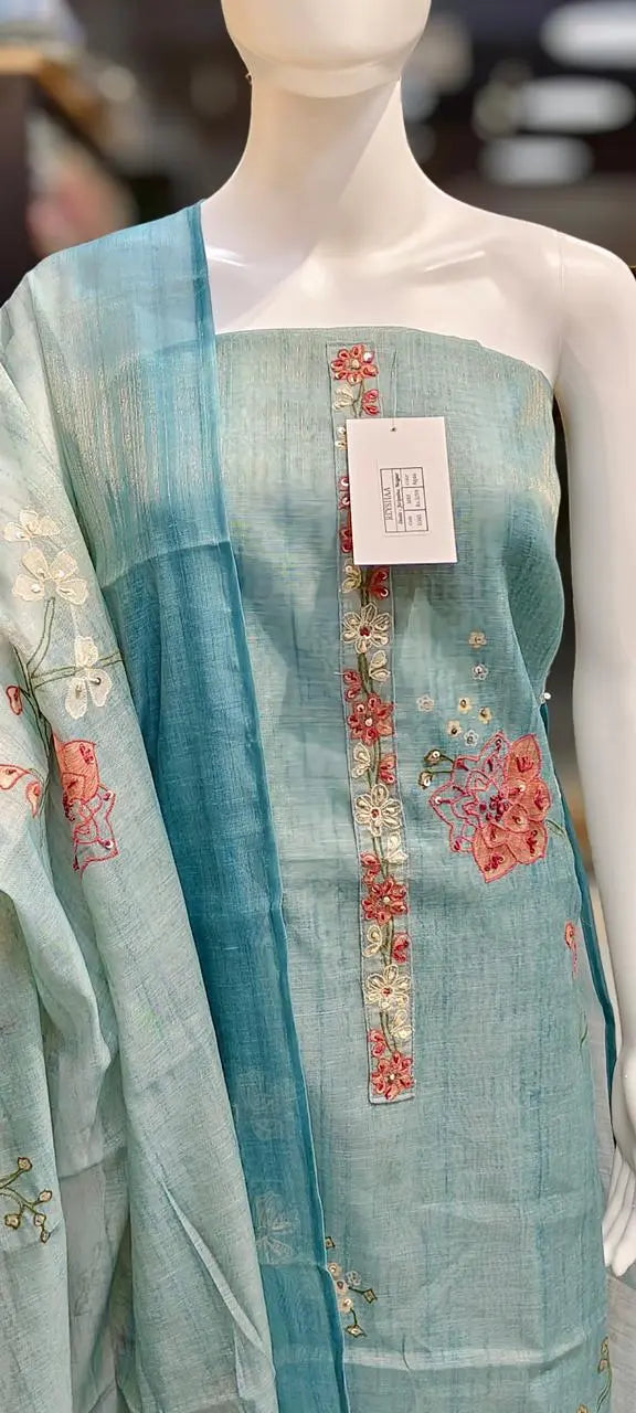 Kota Silk French Knots Embroidered & Sequins Embellished Dress Material Reyshaa