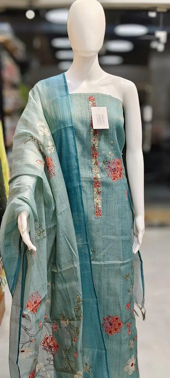 Kota Silk French Knots Embroidered & Sequins Embellished Dress Material Reyshaa