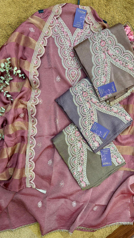 Crush Tissue Silk Embroidered Dress Material with Scalloped Dupatta Reyshaa
