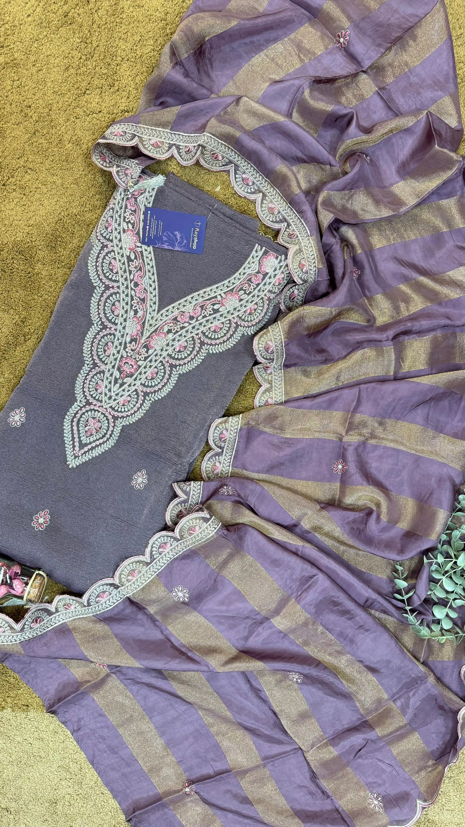 Crush Tissue Silk Embroidered Dress Material with Scalloped Dupatta Reyshaa