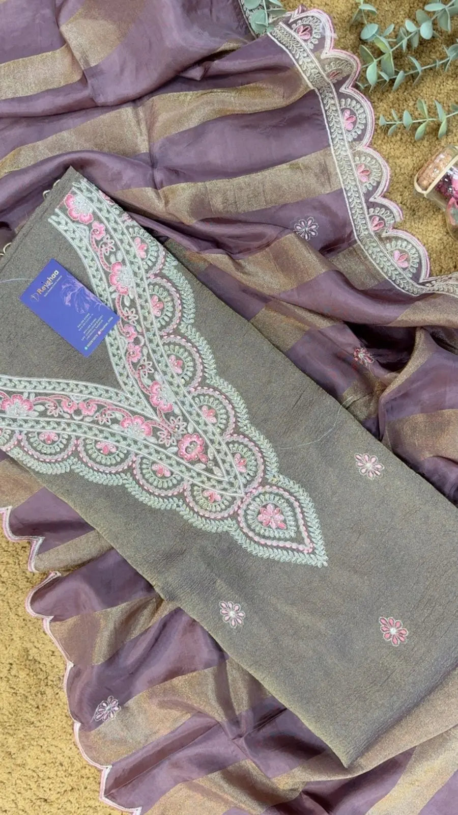 Crush Tissue Silk Embroidered Dress Material with Scalloped Dupatta Reyshaa