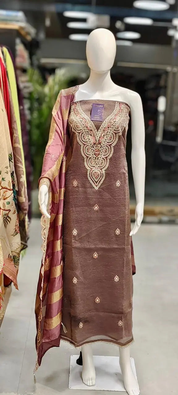 Crush Tissue Silk Embroidered Dress Material with Scalloped Dupatta Reyshaa