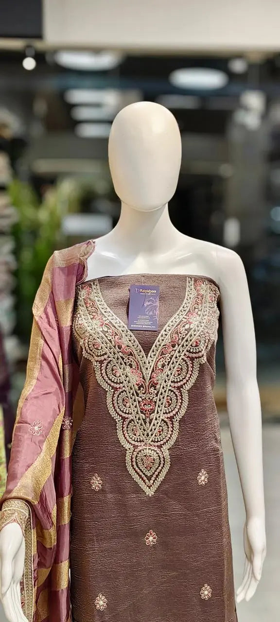 Crush Tissue Silk Embroidered Dress Material with Scalloped Dupatta Reyshaa