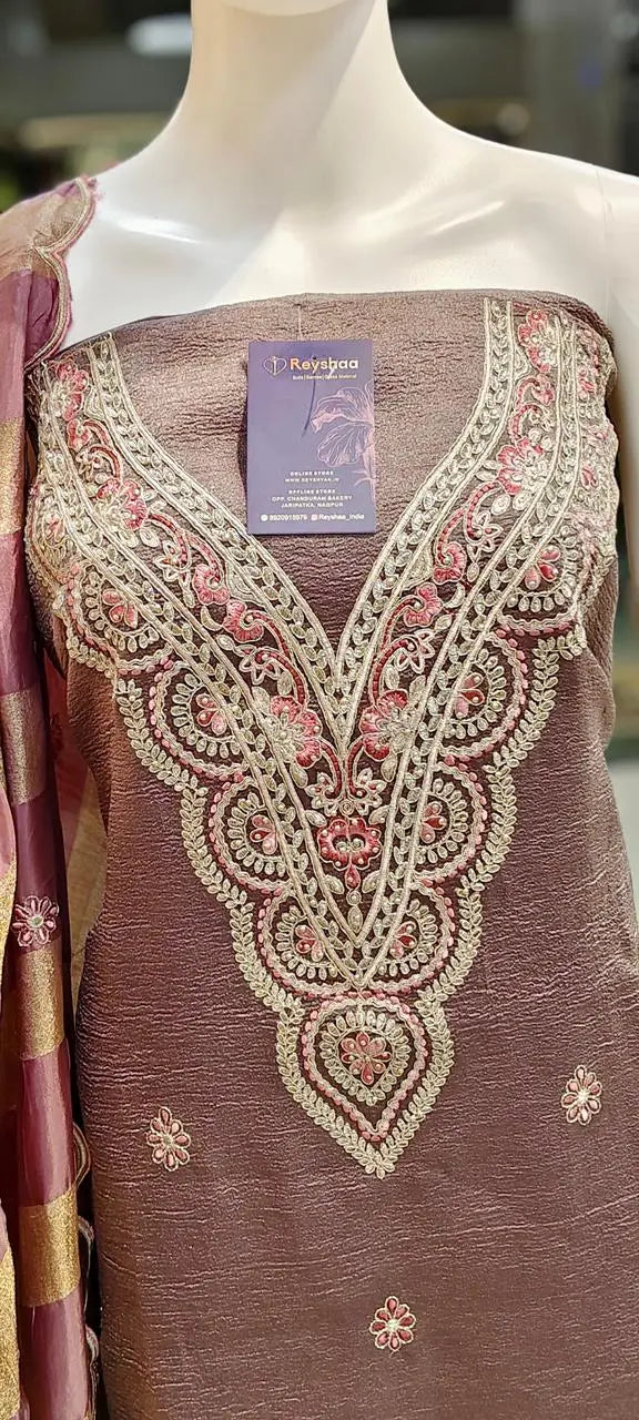 Crush Tissue Silk Embroidered Dress Material with Scalloped Dupatta Reyshaa