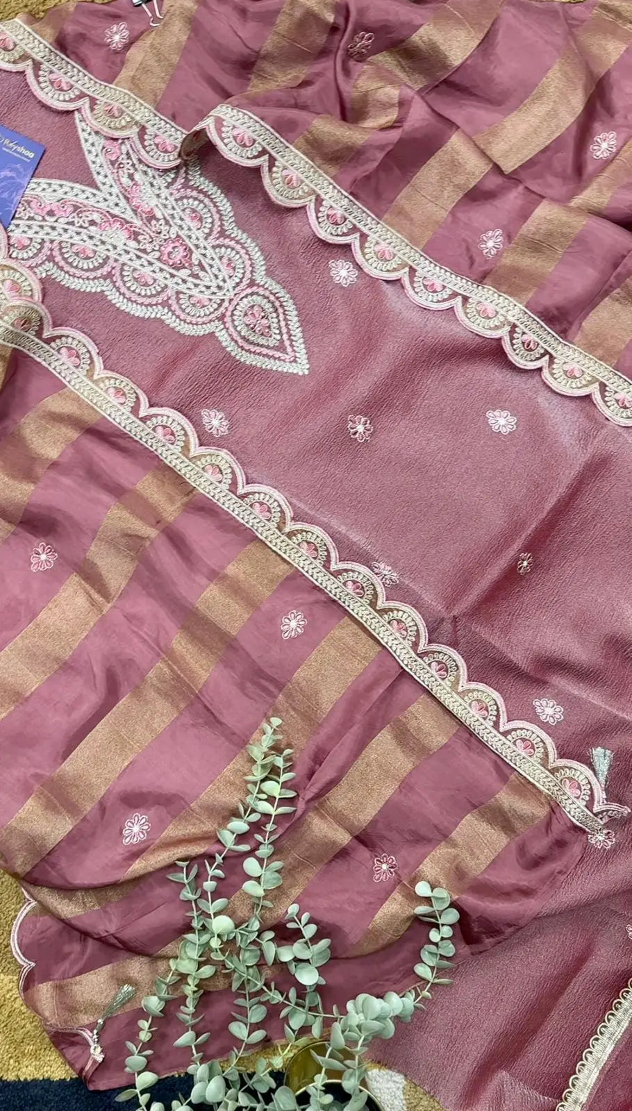 Crush Tissue Silk Embroidered Dress Material with Scalloped Dupatta Reyshaa